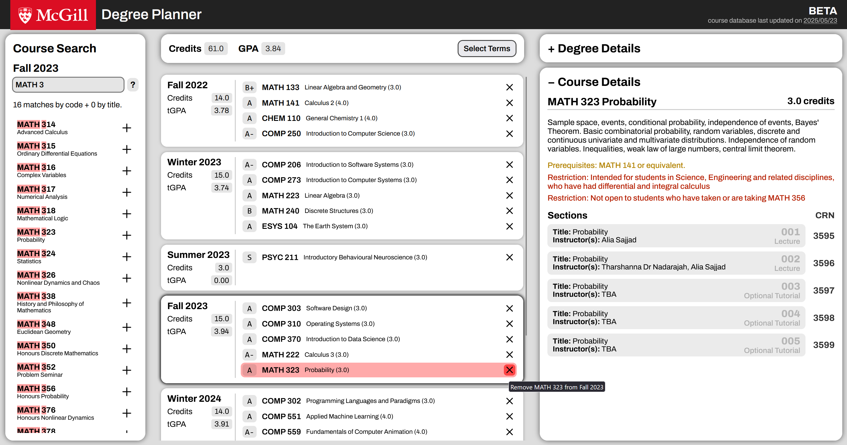 Removing a course from the planner